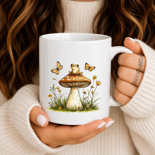 Frog Mushroom Ceramic Mug | Whimsical Woodland Butterfly Wildflower Coffee Cup