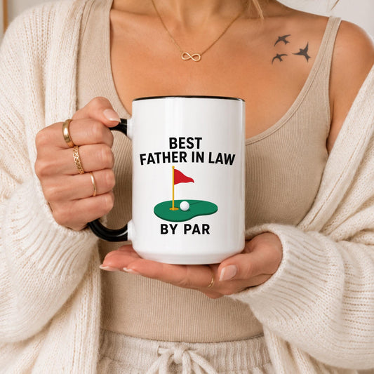 Father In Law Golf Mug | "By Par" Funny Golfer Coffee Cup, Red Handle