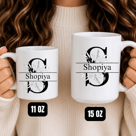 Personalized Floral Monogram Mug | Custom Initial S Coffee Cup (11oz/15oz)