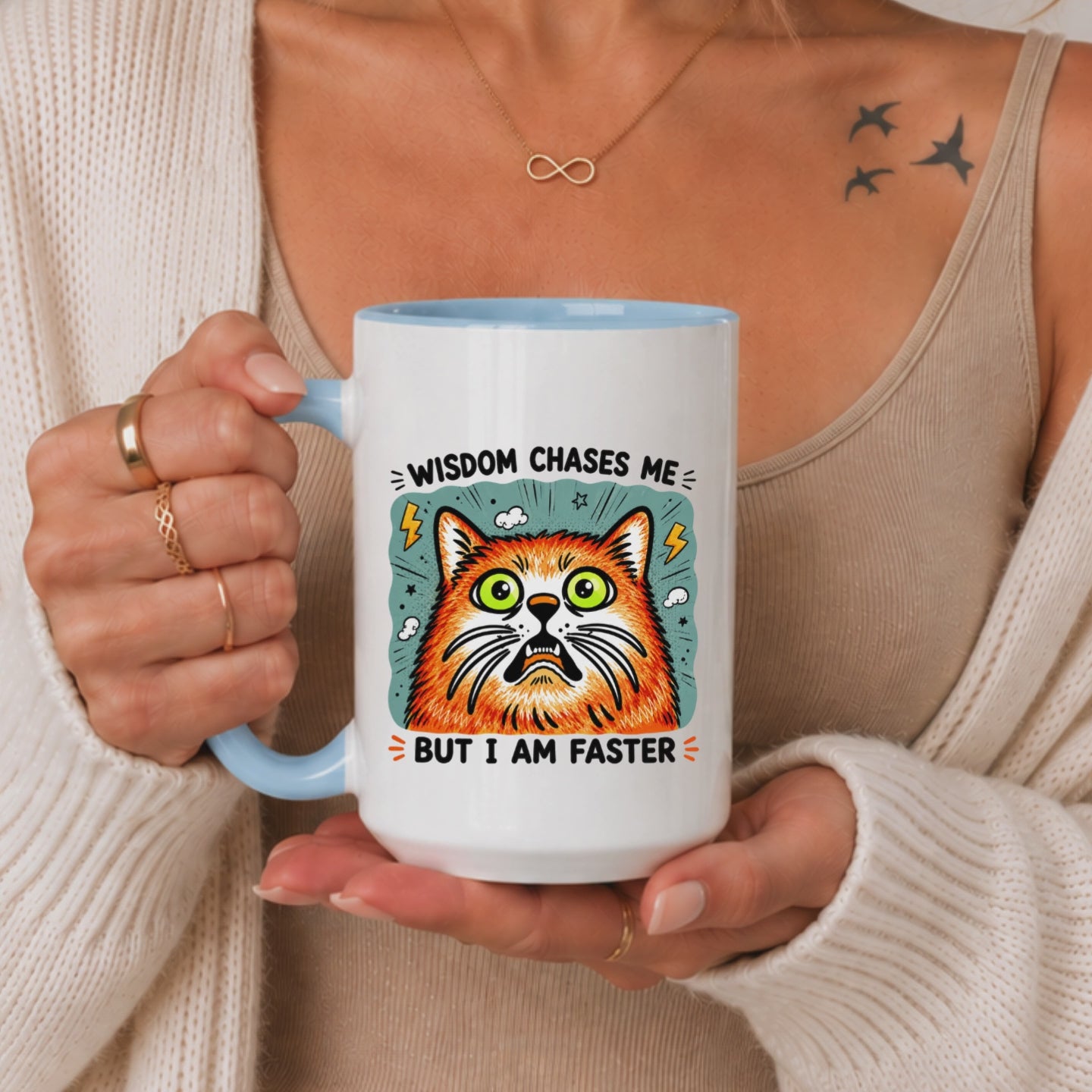 Funny Cat Mug Gift, Wisdom Chases Me Mug, Sarcastic Cat Coffee Mug, Humor Cat Cup, Gift for Cat Lovers Birthday Christmas